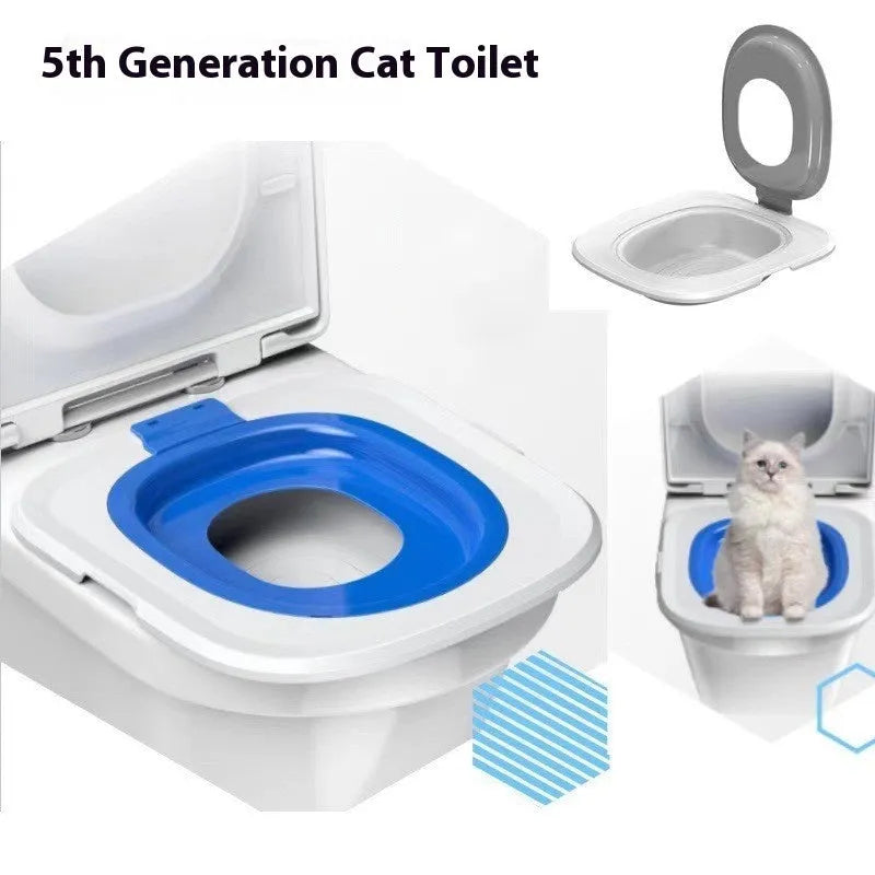 Fifth Generation cat litter training toilet with upper tray and anti-track base mat in blue.