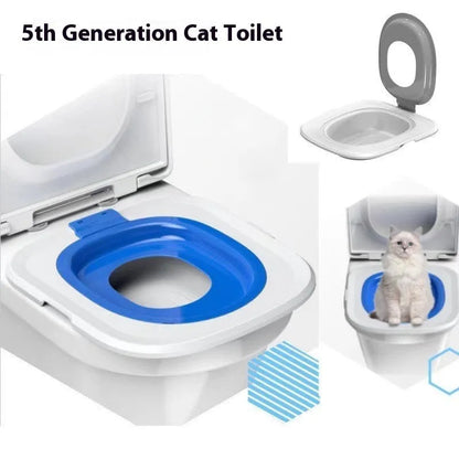 Fifth Generation cat litter training toilet with upper tray and anti-track base mat in blue.