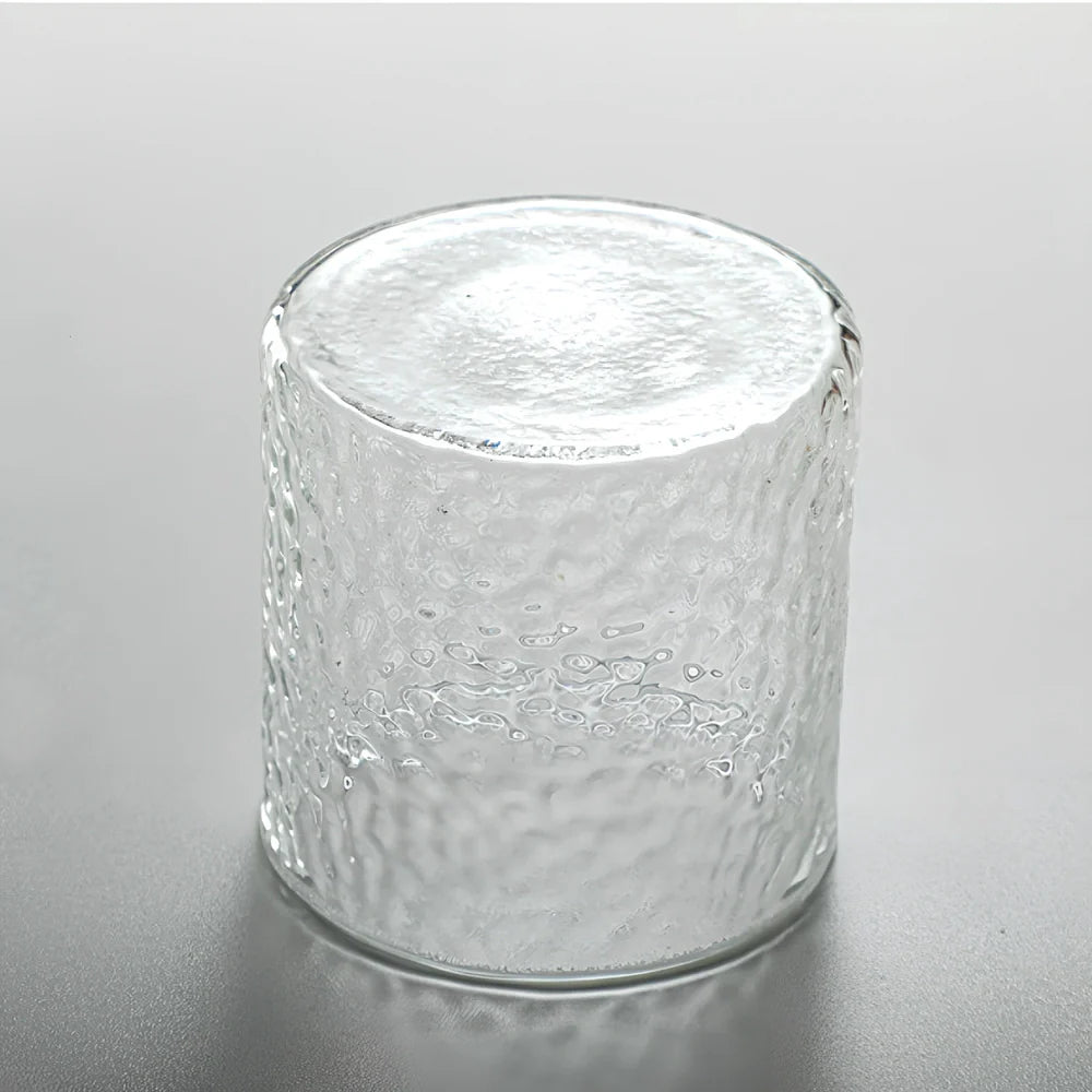 Japanese hammer pattern glass seasoning pot with three containers and bamboo lids on wooden base