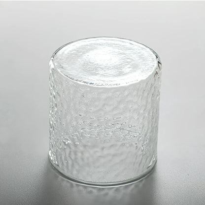 Japanese hammer pattern glass seasoning pot with three containers and bamboo lids on wooden base