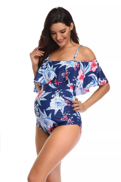 Blue printed maternity swimsuit with stretch polyester fabric for expectant mothers