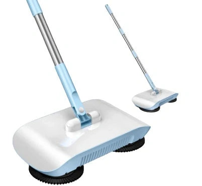 3-in-1 hand push sweeper with broom, dustpan, and trash bin in pink and blue colors
