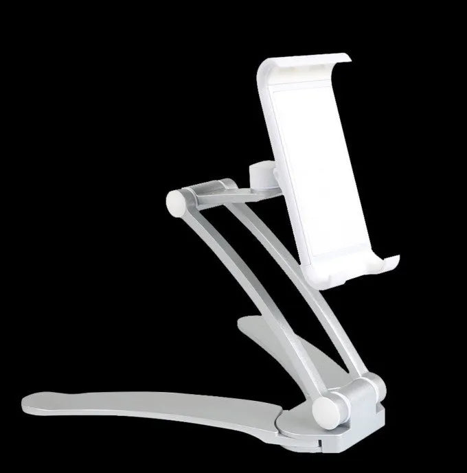 Aluminium alloy desktop tablet stand with adjustable clips on a 23.5cm base, holding a tablet at an angle