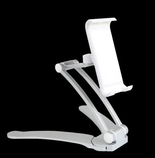 Aluminium alloy desktop tablet stand with adjustable clips on a 23.5cm base, holding a tablet at an angle