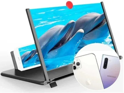 12-inch wood grain screen amplifier folding bracket showing black colour option with dimensions