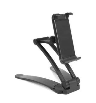 Aluminium alloy desktop tablet stand with adjustable clips on a 23.5cm base, holding a tablet at an angle
