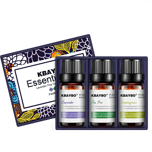 Three 10ml bottles of water-soluble aromatherapy fragrances in lavender, green tea, and lemon vanilla scents