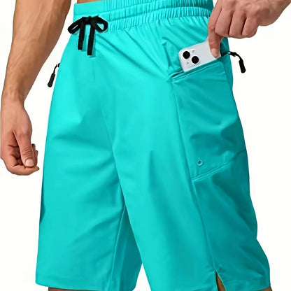 Men's solid-colour quick-drying beach shorts in a straight-leg style on a neutral background.