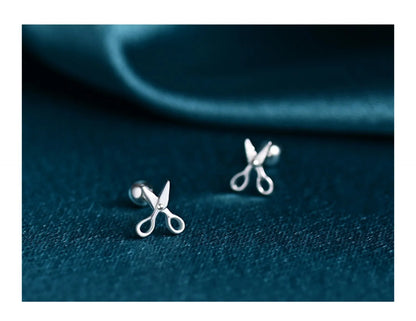 S999 pure silver screw-style earrings with miniature scissors design, 1.5 cm by 0.8 cm