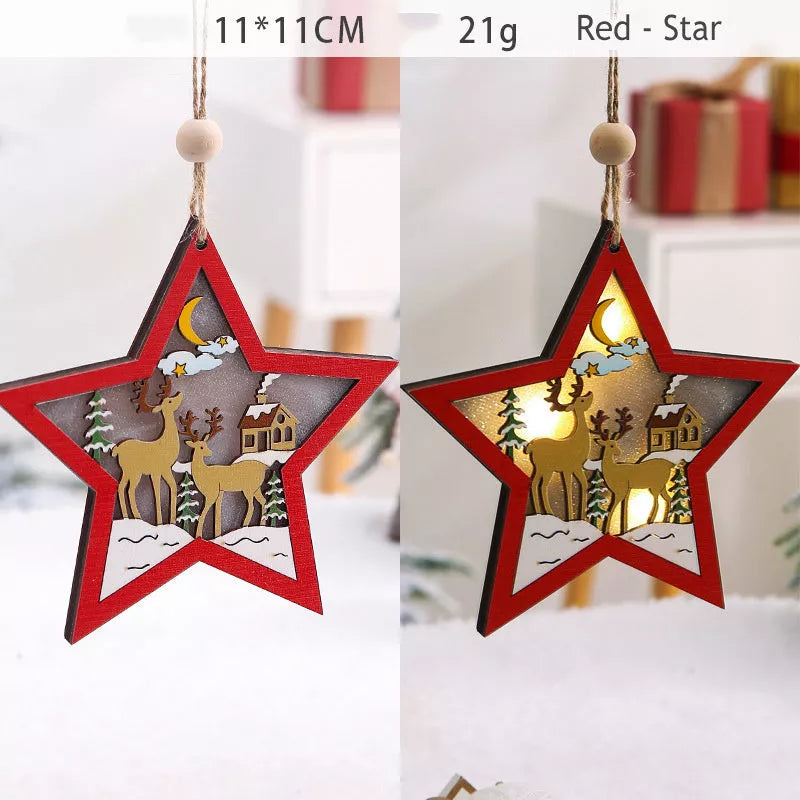 Handmade LED light wooden hanging pendants for Christmas decor in various designs