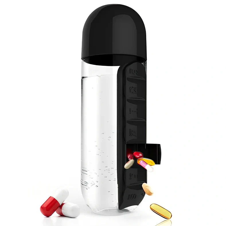 Two-in-one water cup with attached 7-day pill organiser showing daily compartments and screw-top lid