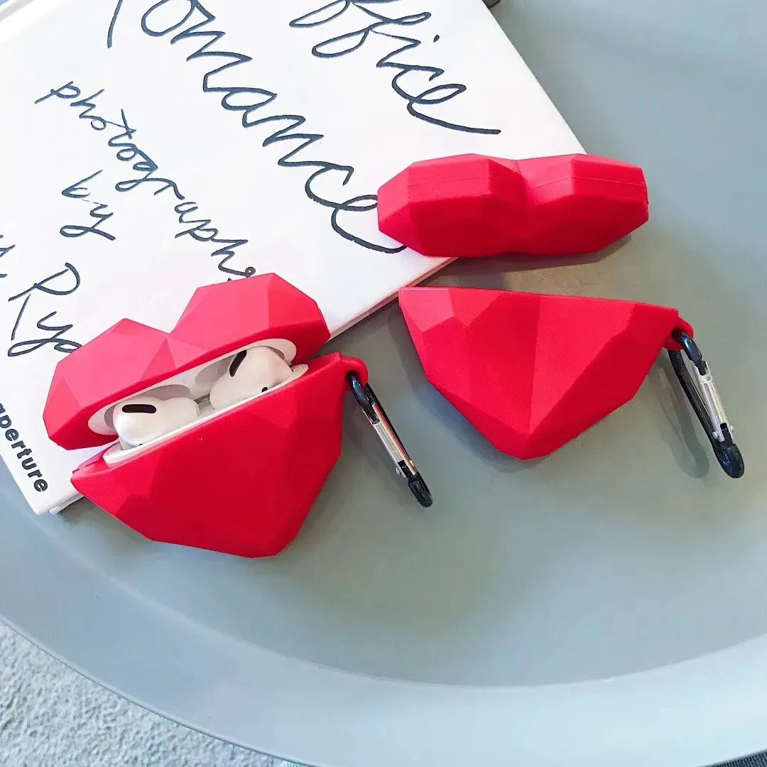 Red silicone case with diamond and love heart design for Apple AirPods 1st 2nd 3rd generation
