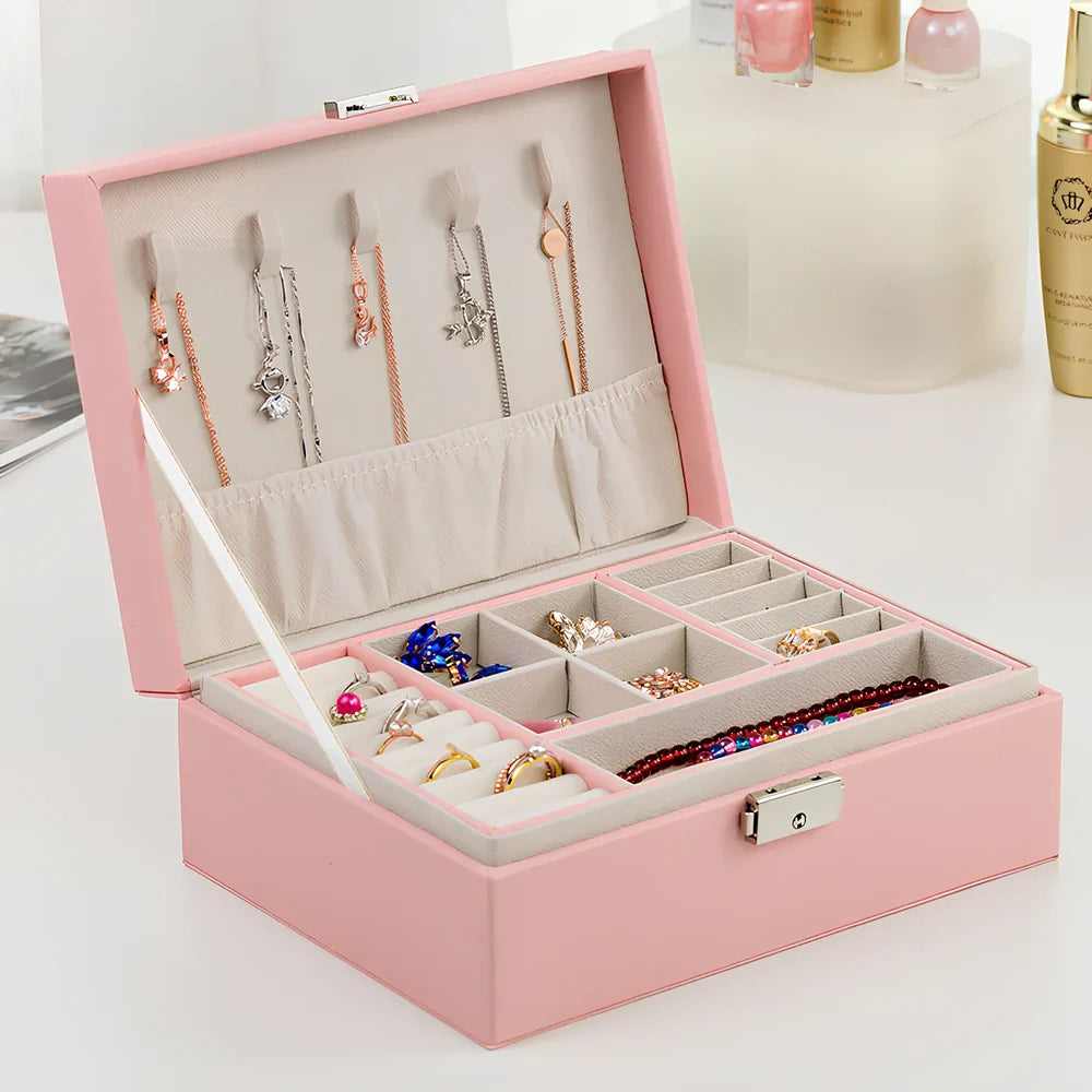 Wooden leather jewellery box with multiple compartments measuring 23×17.5×9.8cm