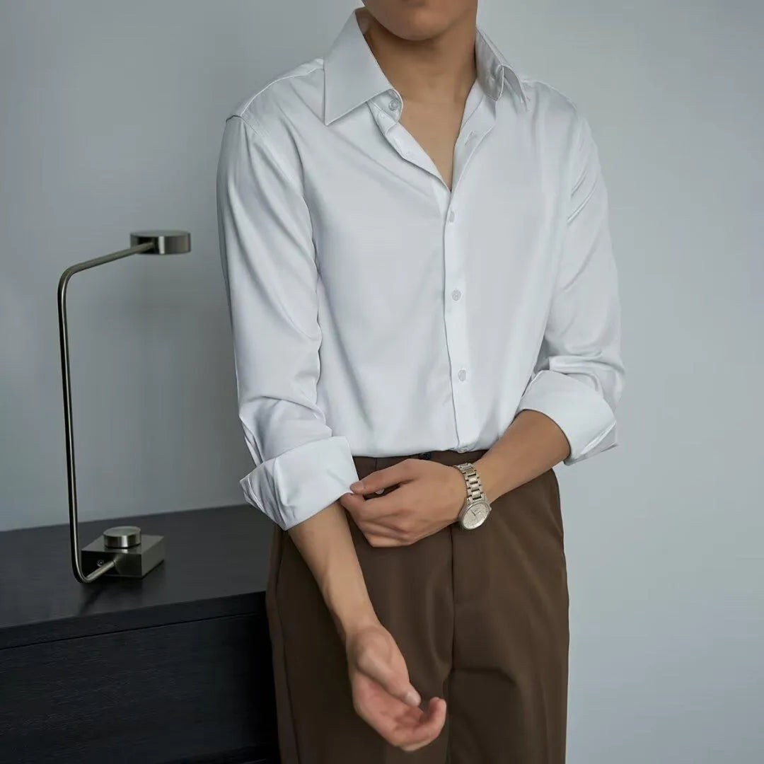 Korean style men's long sleeve shirt in black with Japanese retro cardigan design