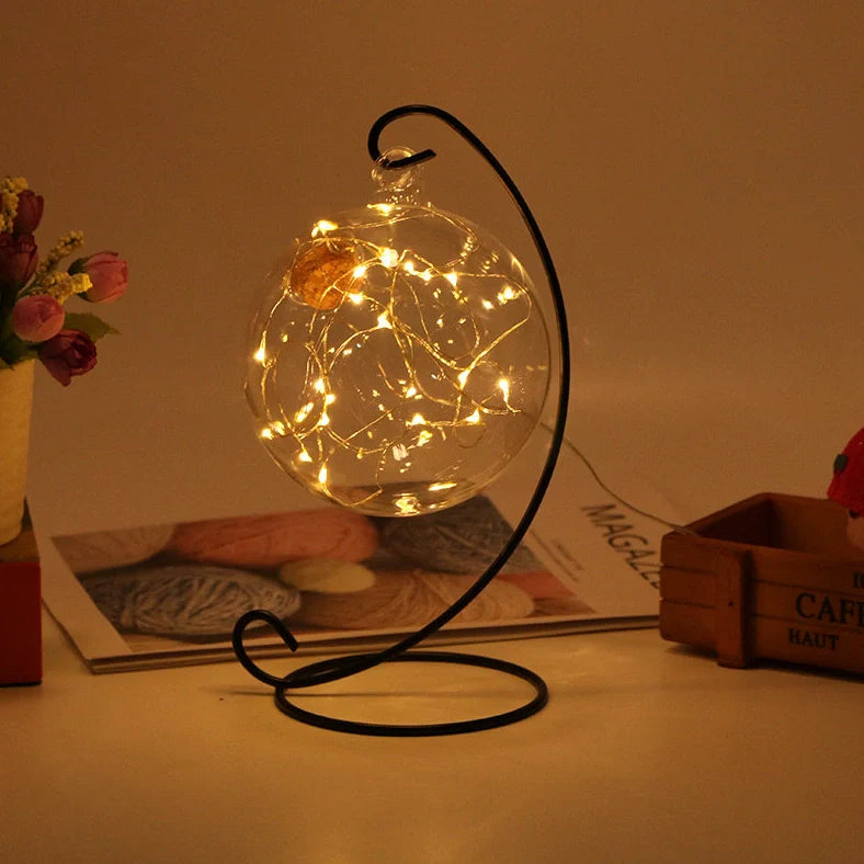 LED Wishing Bottle with 12cm glass container, wooden cork, and iron frame with copper wire detailing