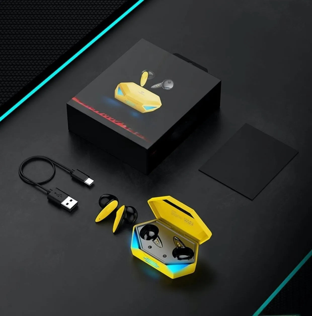 G20 Bluetooth TWS gaming headset earbuds with charging case in yellow colour
