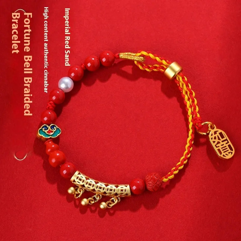 Women's red cinnabar hand-woven rope bracelet with geometric design and bell charm