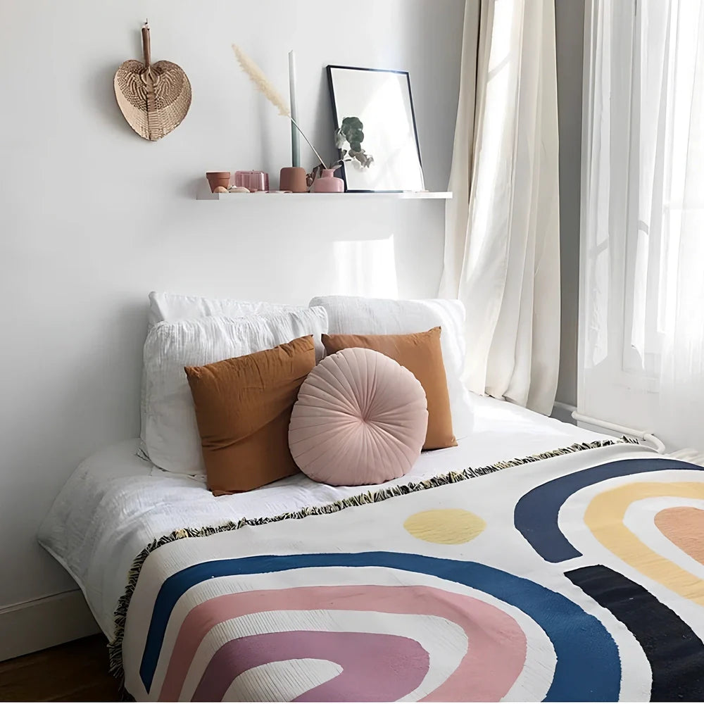 Bohemian rainbow geometric pattern tapestry blanket hanging on wall showing 120×150cm or 150×210cm dimensions