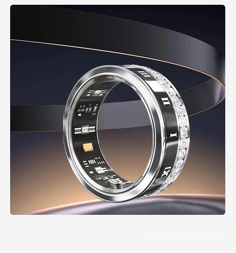 Gold and silver diamond-inlaid smart ring for blood oxygen monitoring on a finger.