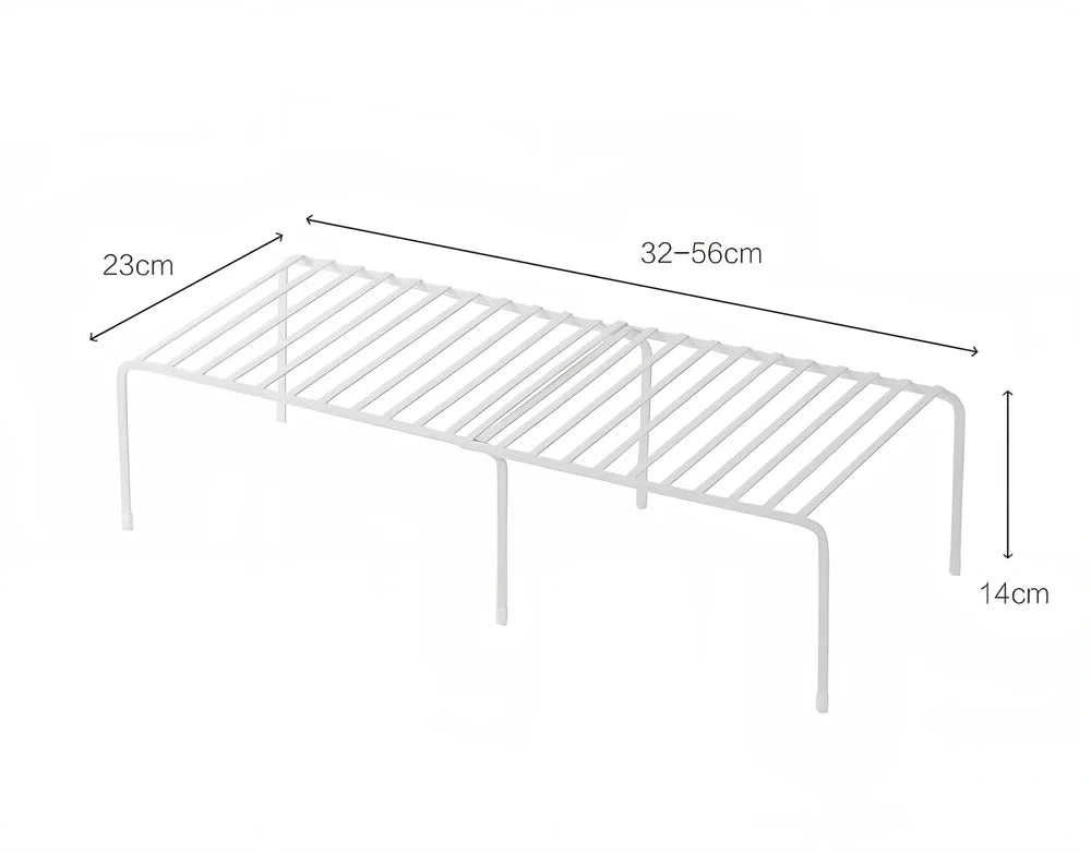 White retractable kitchen shelf extended to 60cm with spices and oils organised on metal surface