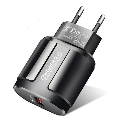 Smart mobile phone charger in black or white with compact 20mm × 40mm × 65mm dimensions showing international plug options