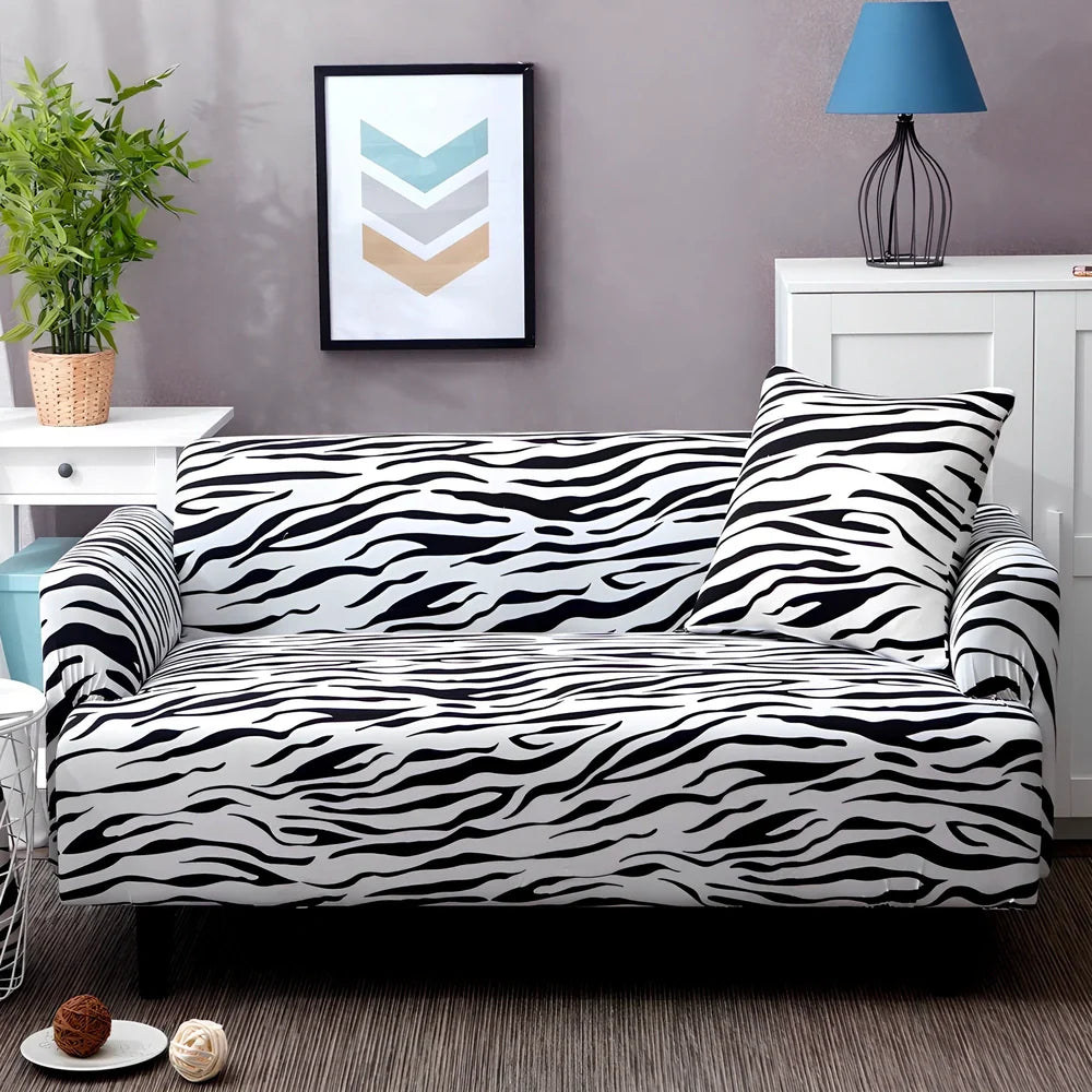 Elastic sofa cover with stripe pattern stretched over 3-seat sofa in living room setting