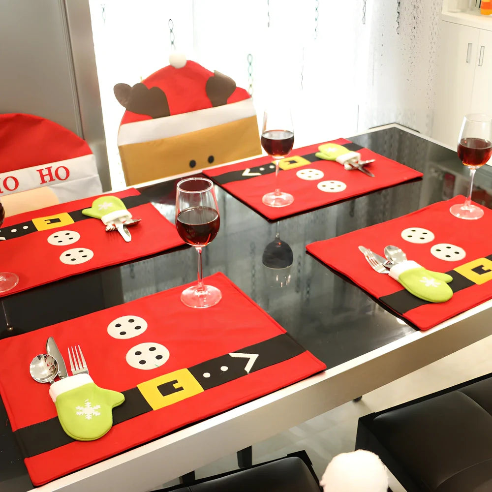 Red Christmas table mat with sewing edges measuring 45cm by 33cm for holiday dining