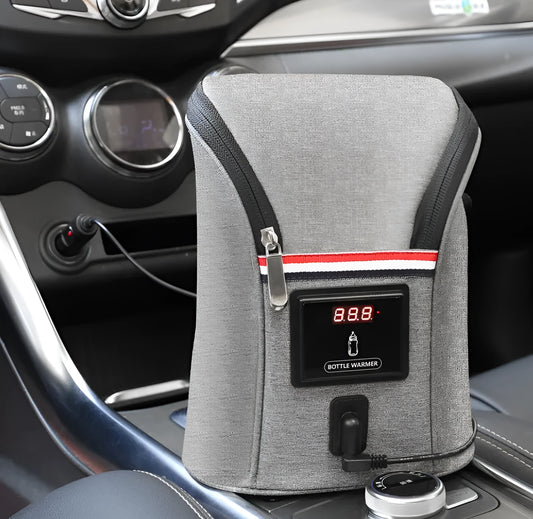 Grey Oxford cloth portable baby bottle warmer with electronic display for car USB charging
