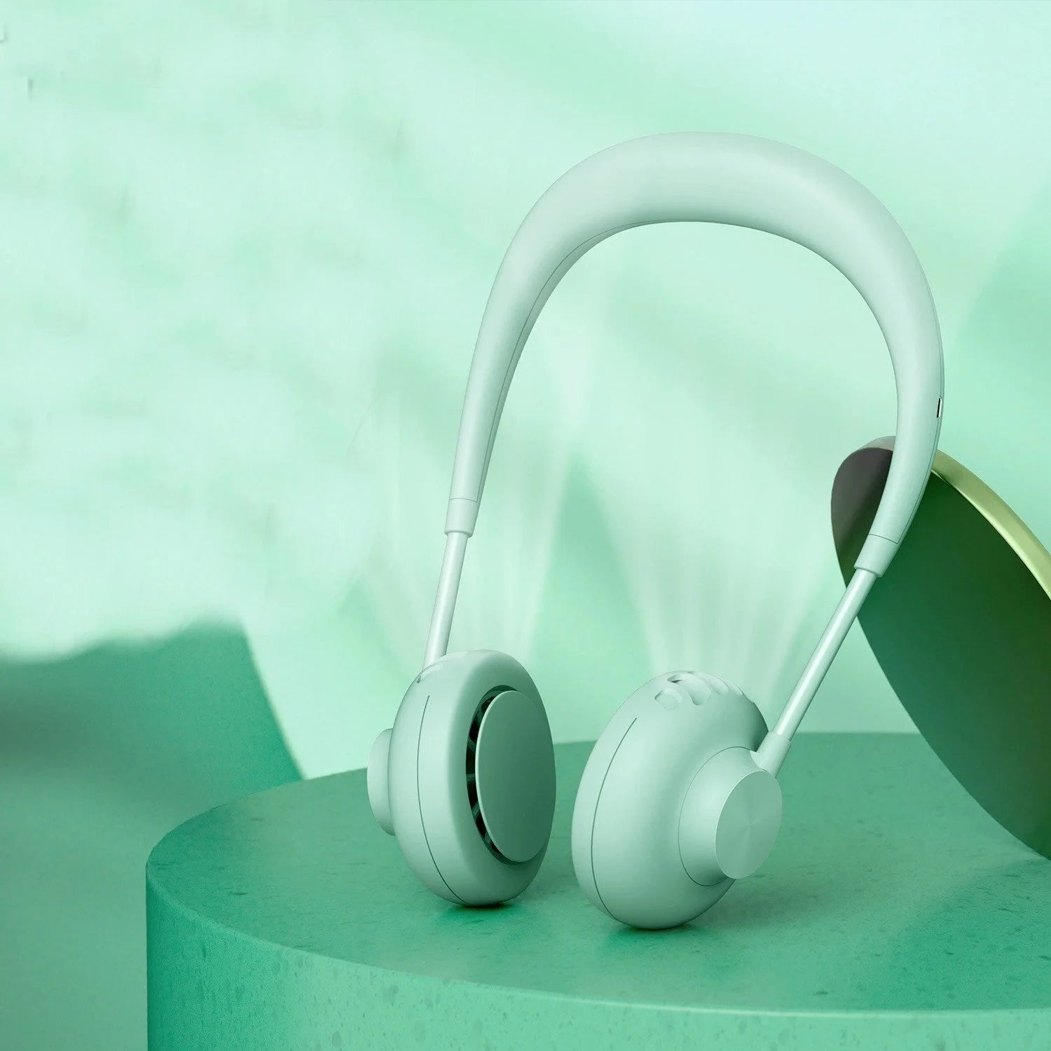 Bladeless neck fan in various colors with USB charging cable