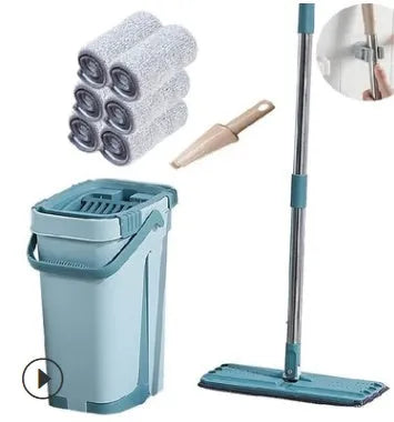 Blue wooden floor lazy mop with bucket, microfibre flat head, aluminium rod, and 360-degree rotation