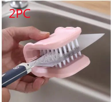Blue U-shaped knife and cutlery cleaning brush with bristles for kitchen utensil cleaning