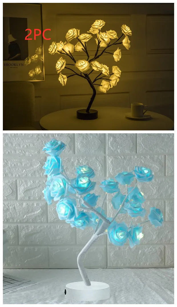 White and red rose flower LED lamp on a bonsai tree stand with warm white lights.