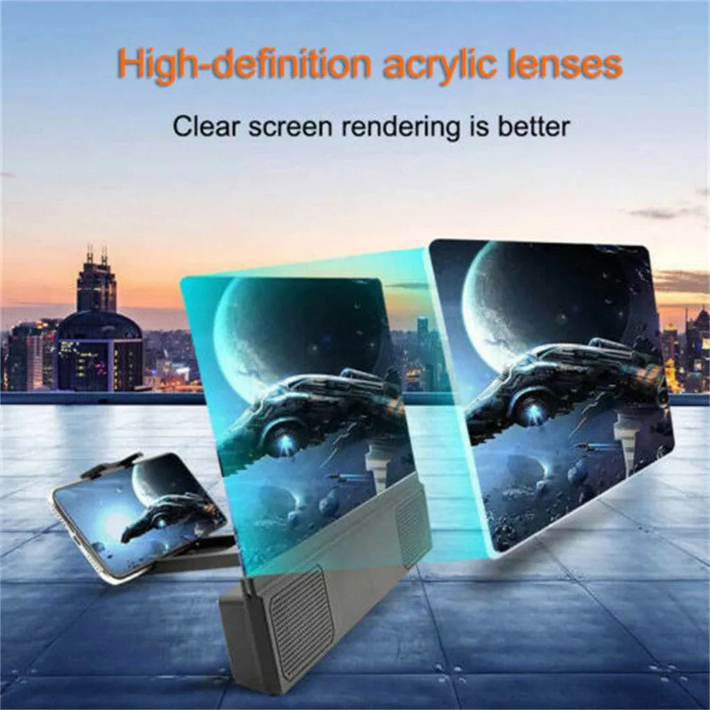 Silver mobile phone screen amplifier with 12-inch lens on a flexible gooseneck stand, holding a smartphone.