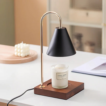 Wooden aromatherapy wax melting lamp with dimmable lighting and iron art metalwork