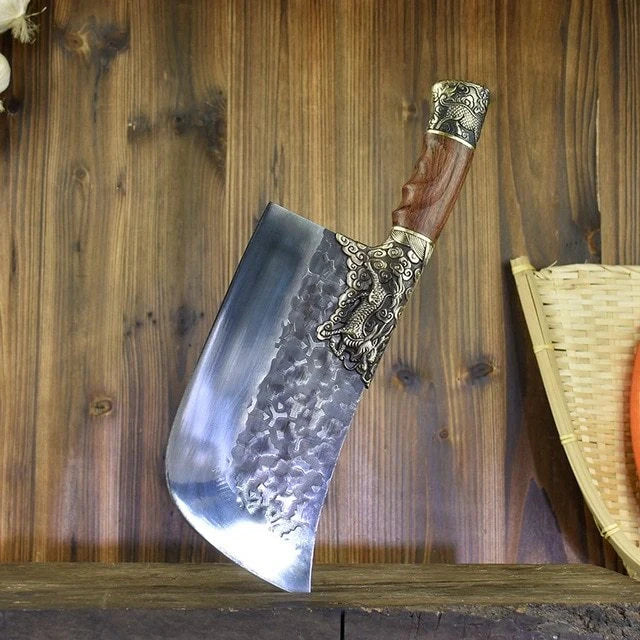 Hand-forged kitchen knife with 7cr17mov steel blade and retro acid wood handle