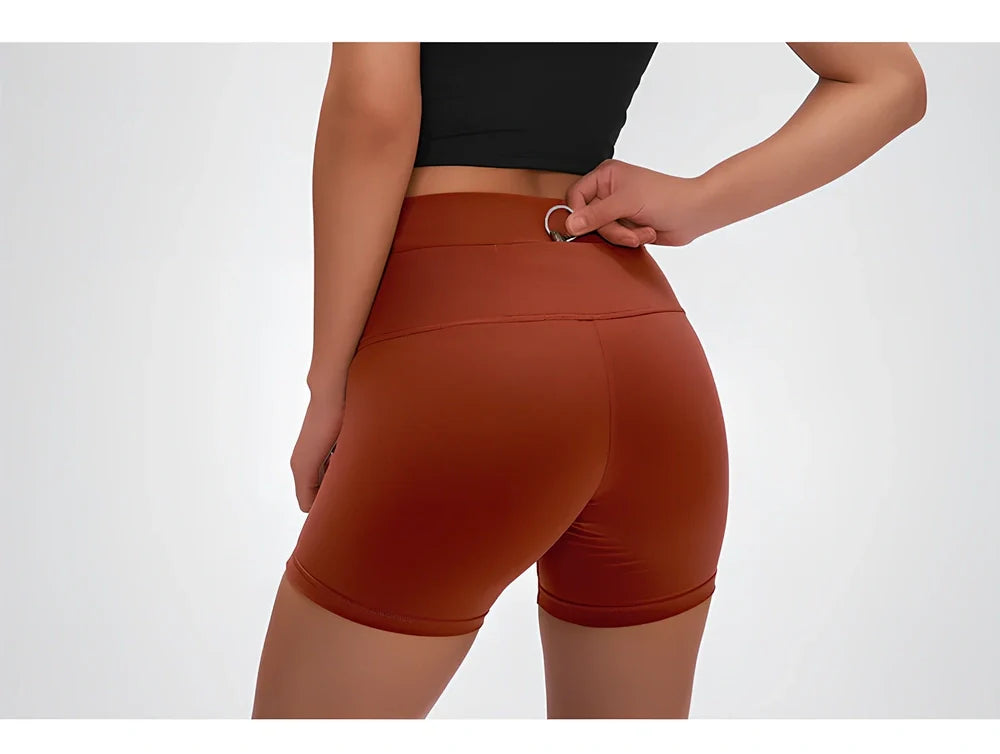 Women's high-waisted nylon fitness shorts with hip-lifting design in six colours for yoga and dance