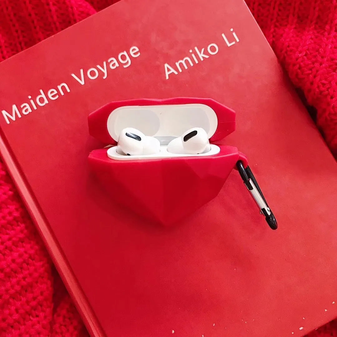 Red silicone case with diamond and love heart design for Apple AirPods 1st 2nd 3rd generation