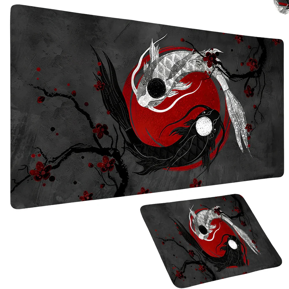 Large anime fish design mouse pad, rubber base, cloth surface, sizes 600x300x2mm to 1000x500x3mm, non-slip for desks