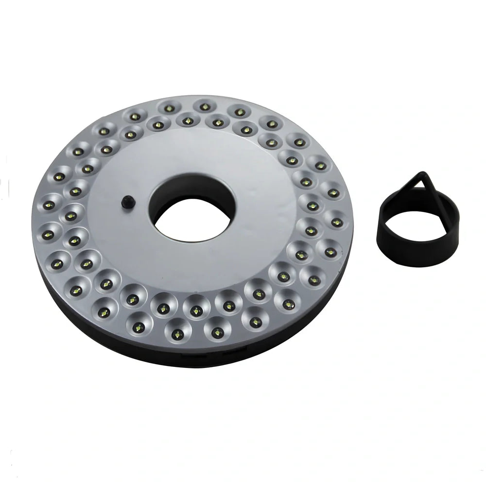 White LED light with 48 LEDs, hook attachment, and ABS plastic casing, measuring 14.5cm in diameter.