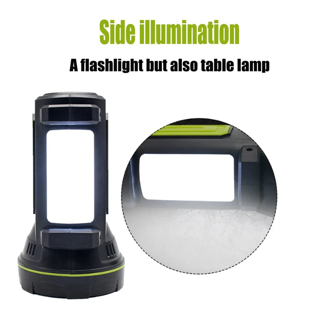 Green rechargeable LED flashlight with 500m beam range and USB charging port