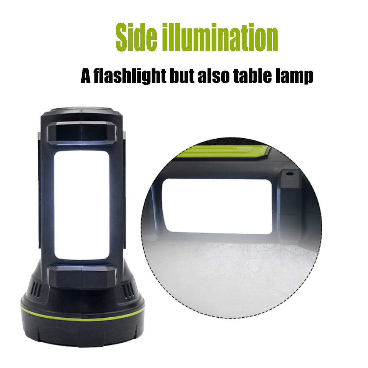 Green rechargeable LED flashlight with 500m beam range and 6000mAh battery for 10-hour runtime