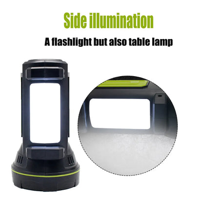Green rechargeable LED flashlight with 500m beam range and 6000mAh battery for 10-hour runtime