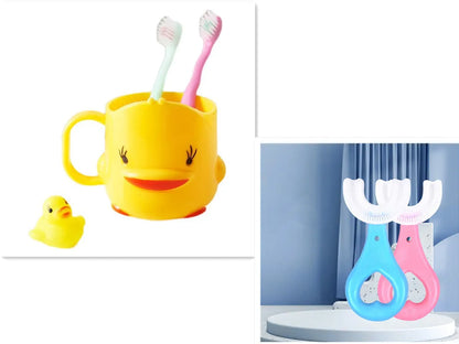 Children's U-shaped soft rubber toothbrush in pink and blue colours.