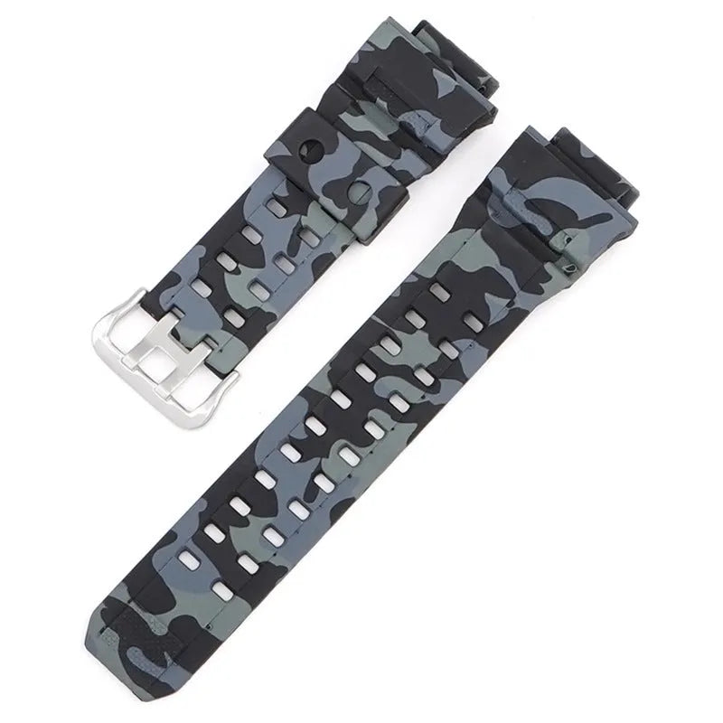 Camouflage pattern TPU watchband with silver buckle showing 12+7cm length and 2mm thickness