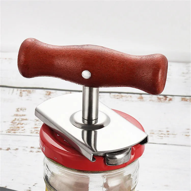 White stainless steel adjustable manual bottle opener with ABS handle on a plain background
