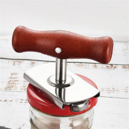 White stainless steel adjustable manual bottle opener with ABS handle on a plain background
