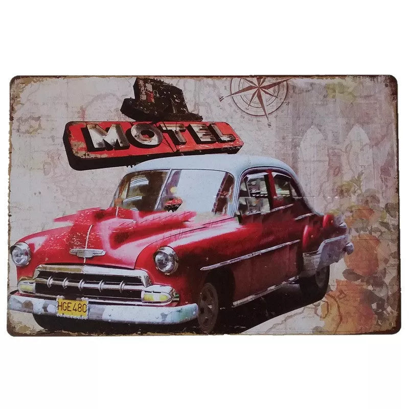 Retro tin painting metal craft with car and motorcycle design, 20x30cm