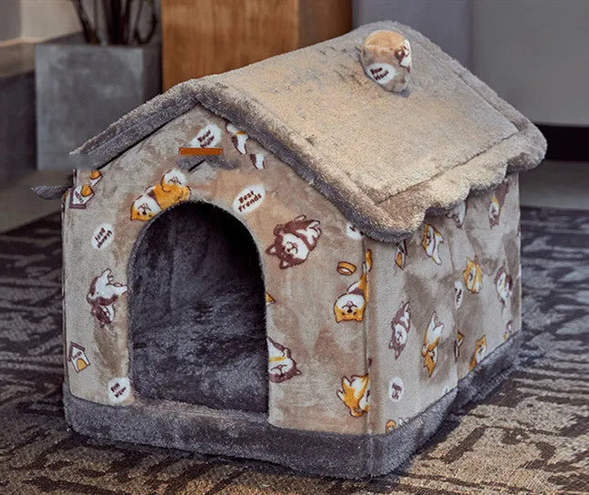 Removable washable plush pet bed house for cats and small dogs, closed yurt shape, available in brown, yellow, grey, blue and pink