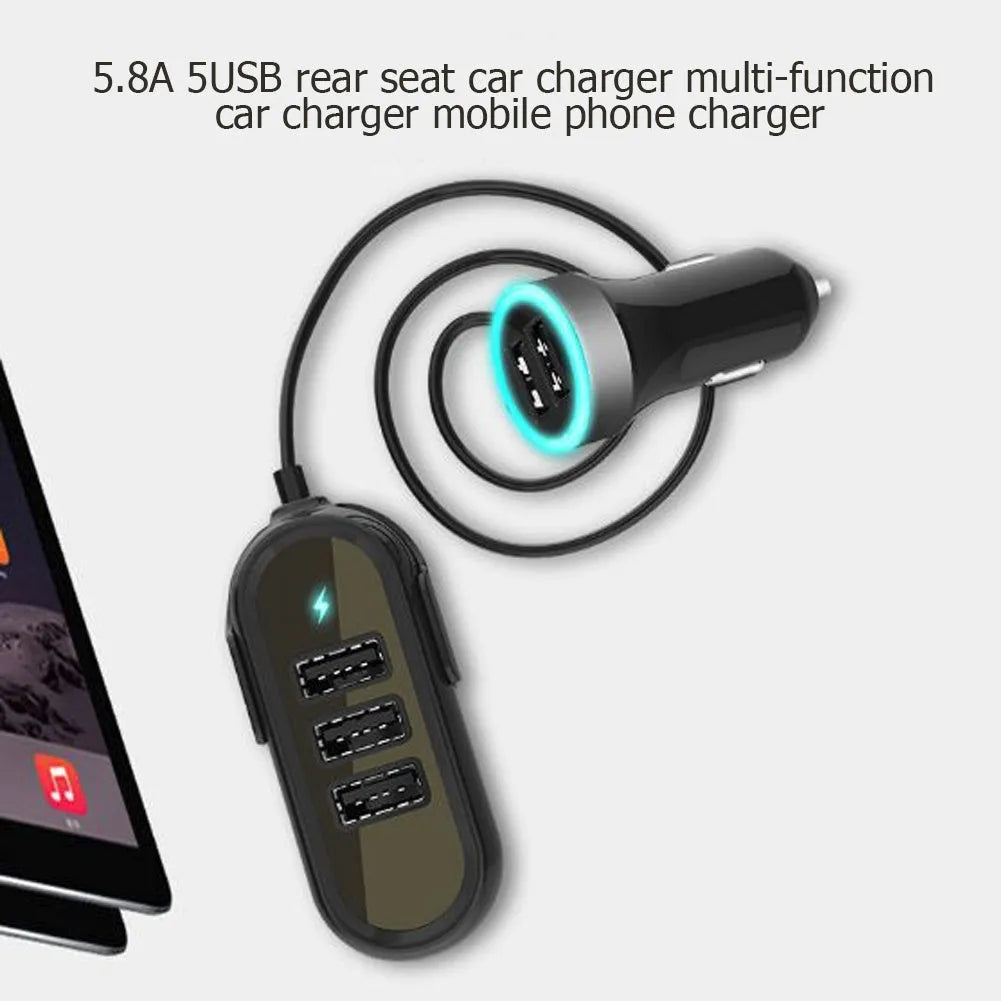 Black and white car rear seat charger with USB output, 12-24V input, and ABS PC body