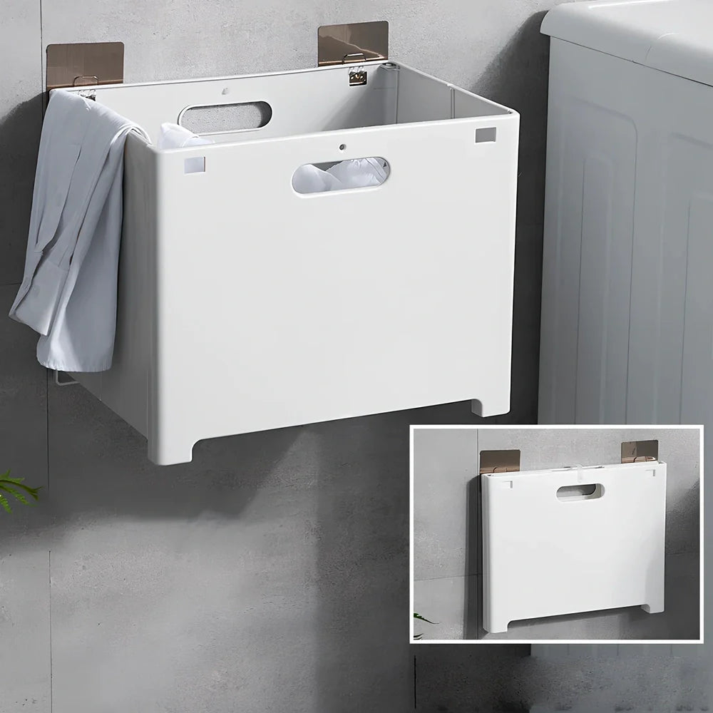 White wall-mounted bathroom storage cabinet with integrated table surface for laundry organisation